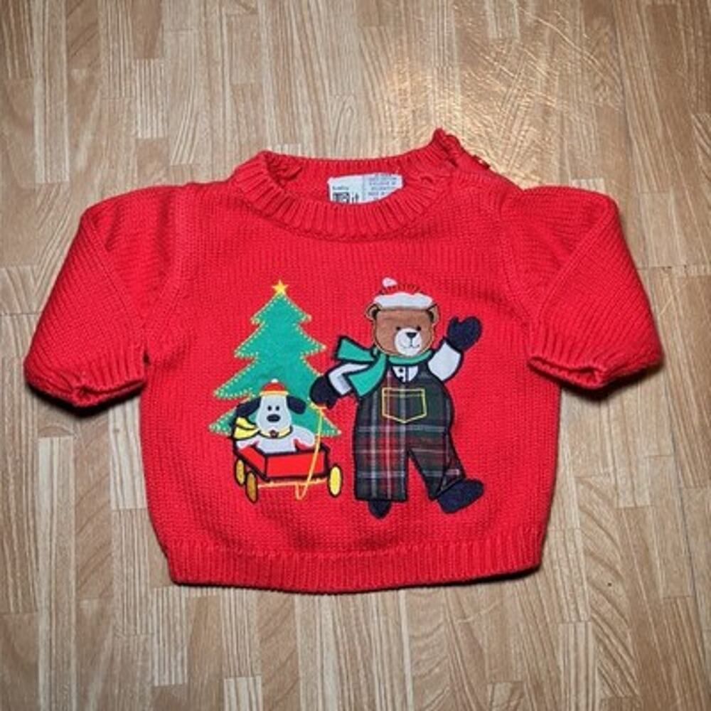 Baby UR It Christmas Sweater 3-6M Red Teddy Bear Dog Tree Vintage Holiday Knit